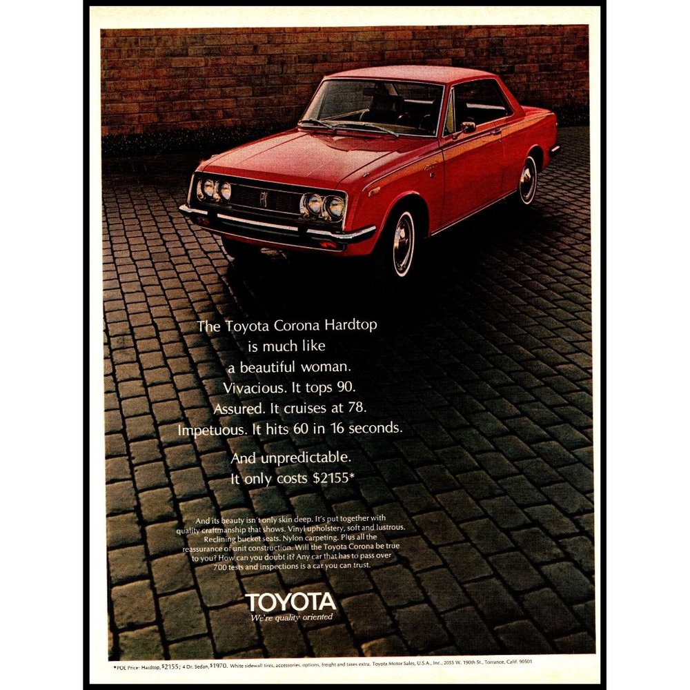 1970 Toyota Corona 2 Door Hardtop Vintage Print Ad Cobblestone Brick Wall Art
